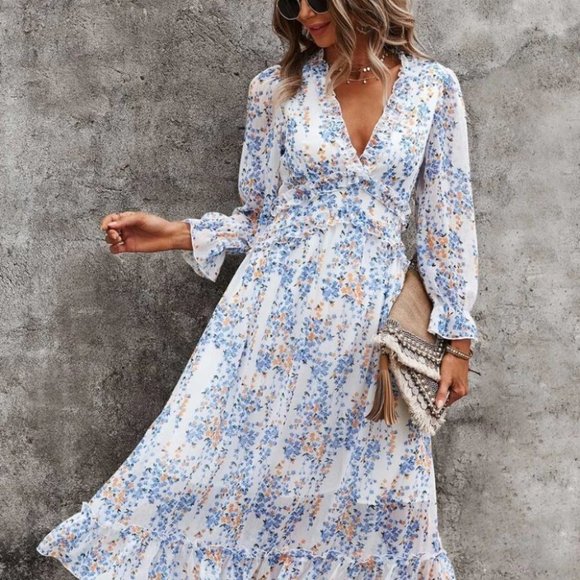 white blue Shabby Chic Cottagecore Floral Ditsy Ruffle Hem Dress - Picture 4 of 6